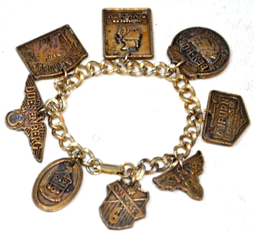 Vtg Automobile Cars Brass? Charm Bracelet Duesenberg Dodge Stanley Stolz Ben-Hur